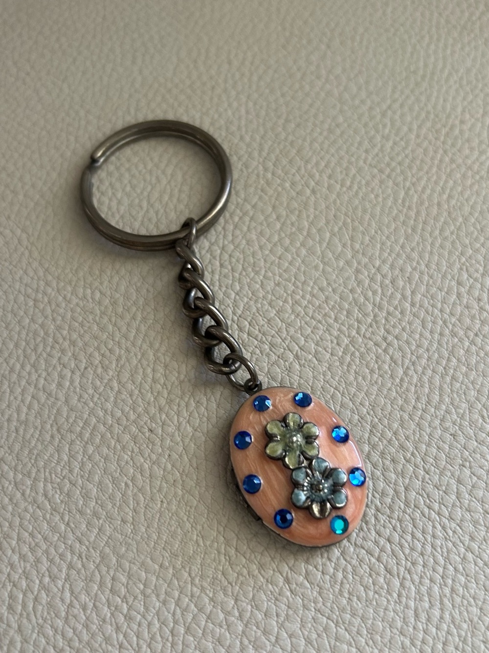 Oval Locket Charm Colorful Keychain Floral Blue Rhinestones Silver Tone Accesory